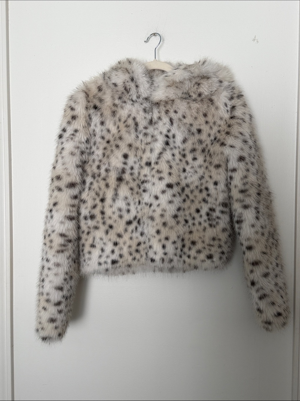 Free People Louder Please Hooded Faux Fur Jacket Snow Leopard XS